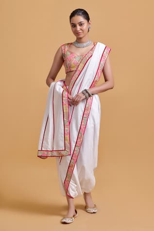 Gulabo By Abu Sandeep Off White Chanderi Pre-Draped Dhoti Saree 