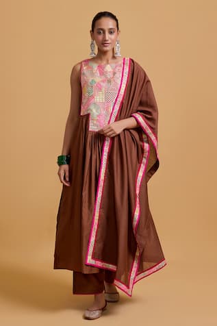 Gulabo By Abu Sandeep Brown Chanderi Embroidered Kurta Set 