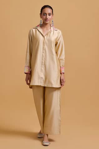 Gulabo By Abu Sandeep Beige Chanderi Shirt & Pant Set 
