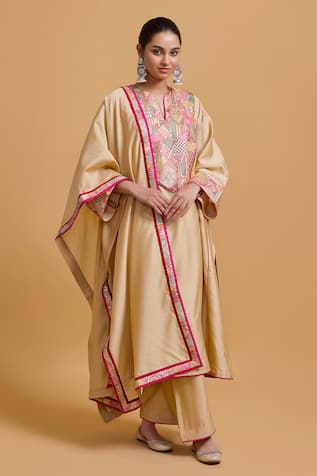 Gulabo By Abu Sandeep Beige Chanderi Embroidered Kurta Pant Set 