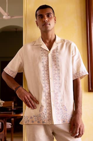 Asuka Embroidered Cream Linen Half Shirt 