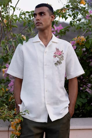 Asuka Cuban-Collar Linen Embroidered Shirt 