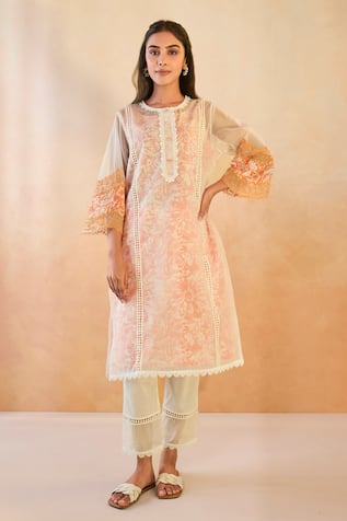 Nero India Orange Floral Embroidered Kurta Set 