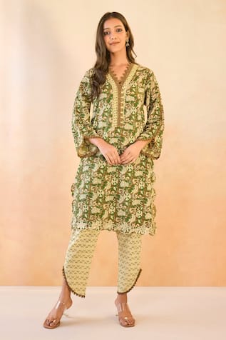 Nero India Olive Petal Scallop Cotton Kurta & Pant Set 