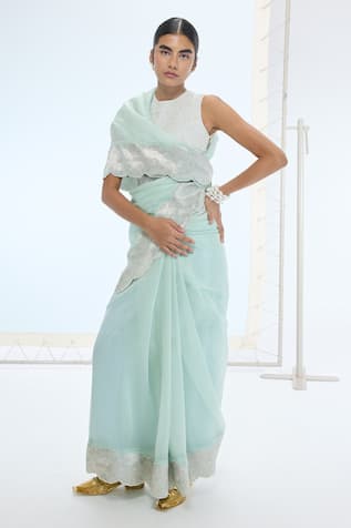 Ekaya Banaras Designer Sea Green Saree & Blouse Set 