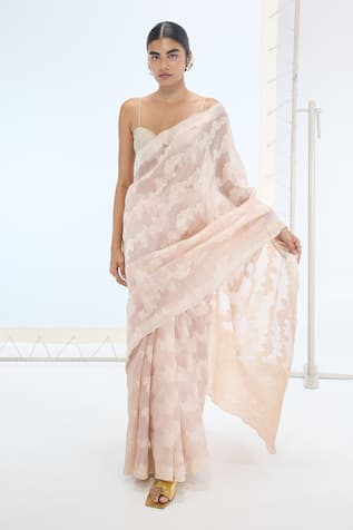 Ekaya Banaras Designer Peach Handwoven Saree Set 