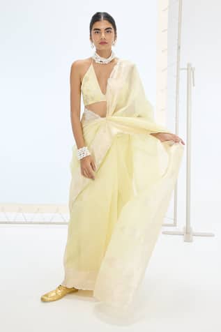 Ekaya Banaras Designer Lemon Saree & Unstitched Blouse 