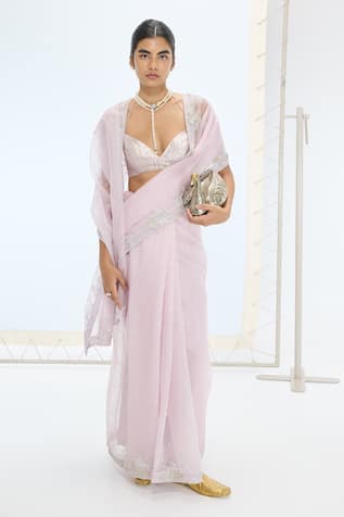 Ekaya Banaras Mauve Handwoven Silk Organza Saree Set 