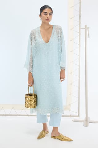 Ekaya Banaras Lily Kurta Set in Aqua Green 