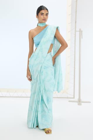 Ekaya Banaras Turquoise Blue Handwoven Silk Saree Set 