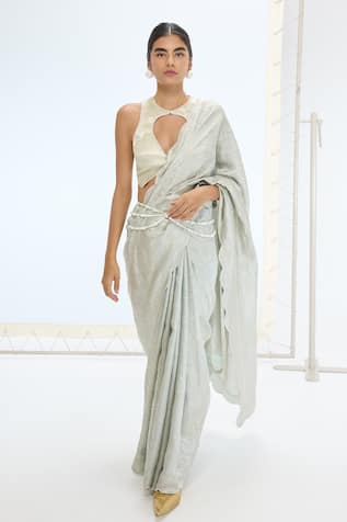 Ekaya Banaras Aqua Green Handwoven Tissue Silk Saree Set 