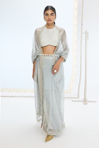 Ekaya Banaras Handwoven Crushed Silk Tissue Saree Set 