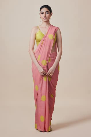 Peach Polka Dot Handloom Cotton Saree Set 