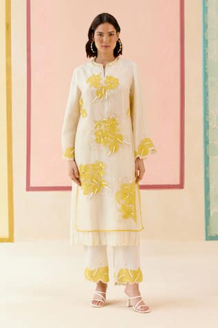 I AM Design Ivory Suit Set with Mustard Applique Work 