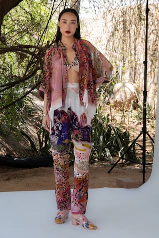 Rose Pink Designer Top Pant Jacket Set 
