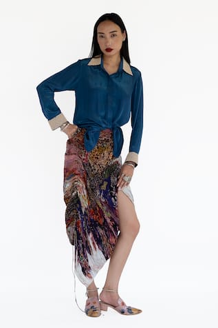 Amka Sea Blue Designer Silk Shirt 