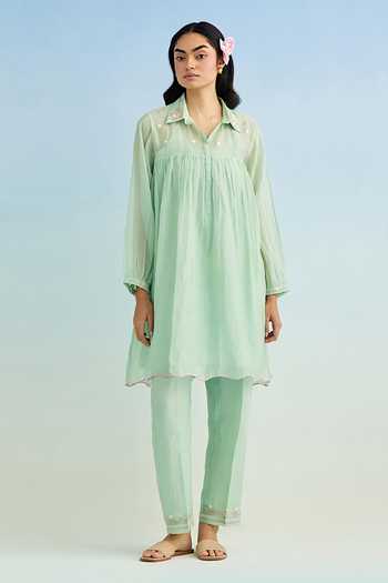 Anantaa By Roohi Green Mul Chanderi Kurta Pant Set 