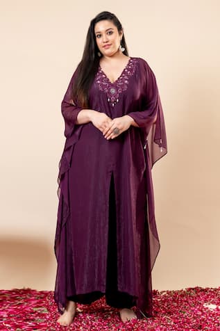 Mamicha Wine Flat Shimmer Chiffon Kaftan Set 