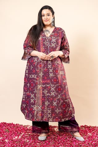 Mamicha Wine Printed Kurta Pant Set 