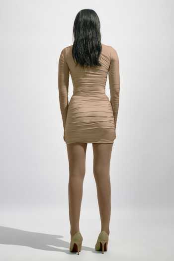 Buy Grey Net, Lycra High Neck Solid Ruched Draped Bodycon Dress With Mesh  Stockings For Women by Deme By Gabriella Online at Aza Fashions.