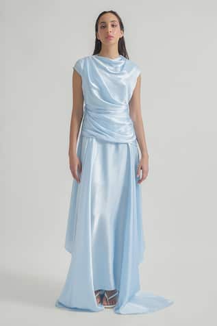 Deme By Gabriella Azura Solid Satin Draped Dress 