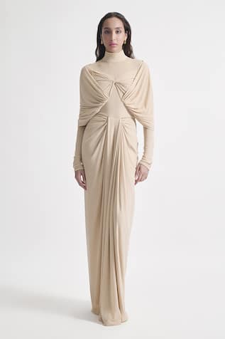 Deme By Gabriella Kenny Solid Full Sleeve Draped Dress 