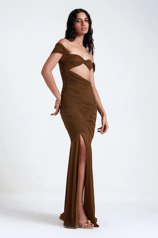 Deme By Gabriella Elena Front Slit Gathered Gown 