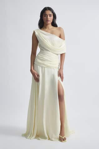 Deme By Gabriella Gemma Solid Draped Flowy Gown 