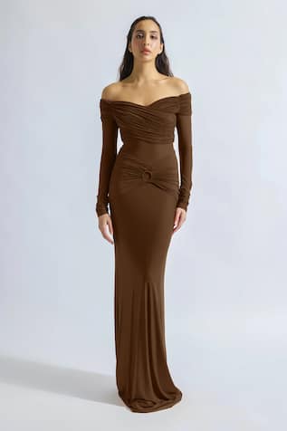 Deme By Gabriella Ruth Solid Off-Shoulder Draped Dress 