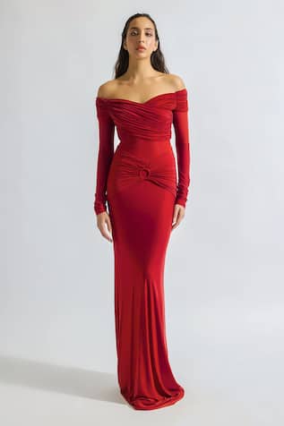 Deme By Gabriella Giulia Solid Off-Shoulder Draped Dress 