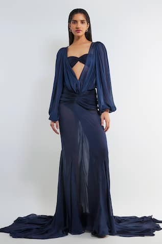 Deme By Gabriella Freja Puffed Sleeve Top & Draped Skirt Set 