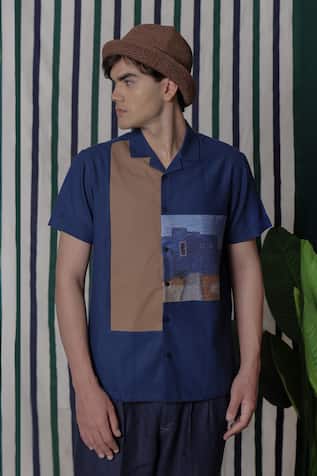 Lacquer Embassy Blue Print Cotton Chambray Shirt 