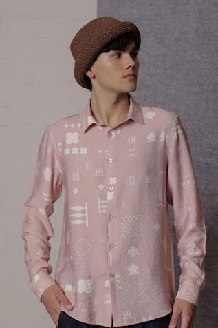 Lacquer Embassy Textured Cotton Shirt With Folk Print 