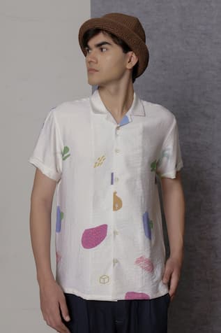 Lacquer Embassy Ecru Abstract Print Cotton Shirt 