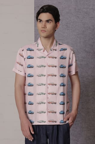 Lacquer Embassy Vintage Car Print Pink Rayon Shirt 