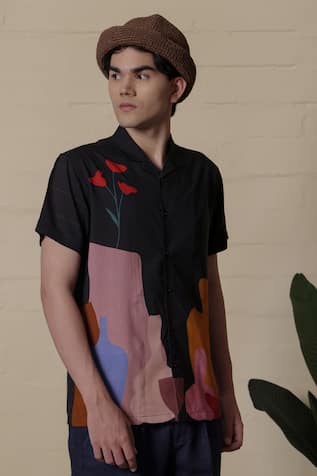 Lacquer Embassy Dark Grey Printed Rayon Shirt 