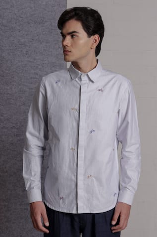 Lacquer Embassy Striped Cotton Shirt With Bicycle Embroidery 