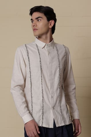 Lacquer Embassy Beige Cotton Flex Shirt With Tape Details 