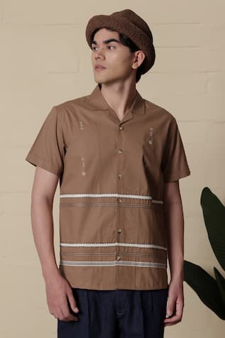 Lacquer Embassy Tan Cotton Camp Collar Shirt 