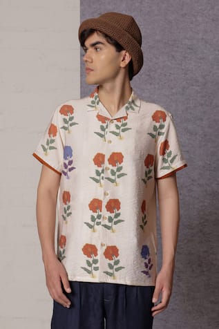 Lacquer Embassy Ecru Floral Print Cotton Shirt 
