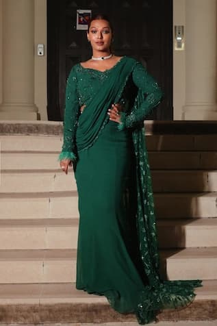 Midushi Bajoria Fiza Green Applique Saree With Trail 