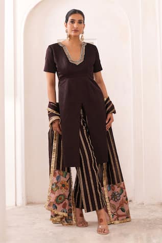 Aamra By Lavanya Brown Hand Embroidered Kurta Set 
