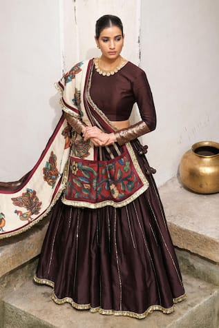 Aamra By Lavanya Brown Hand Embroidered Lehenga Set 