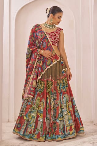 Aamra By Lavanya Olive-Green & Maroon Hand Embroidered Lehenga 