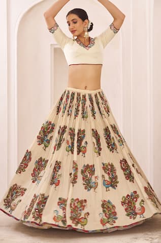Aamra By Lavanya Ivory Maroon Hand Embroidered Lehenga Set 