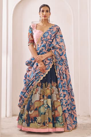 Aamra By Lavanya Blue & Pink Hand Embroidered Lehenga Set 