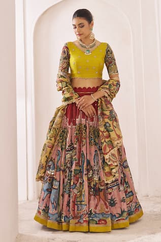 Aamra By Lavanya Maroon & Oakre-Yellow Hand Embroidered Lehenga 