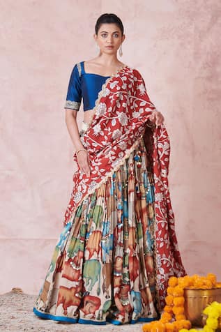 Aamra By Lavanya Ivory Blue Maroon Hand Embroidered Lehenga Set 