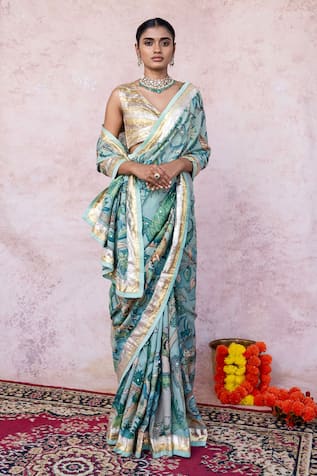 Aamra By Lavanya Ice-Blue Hand Embroidered Saree Set 