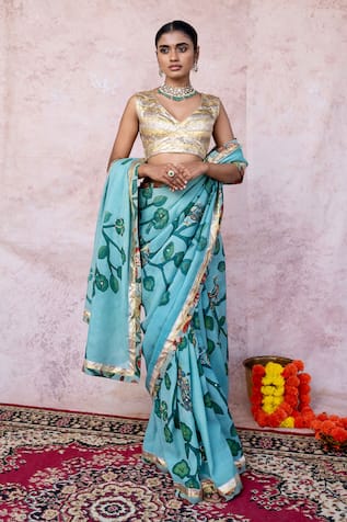 Aamra By Lavanya Aqua-Blue Hand Embroidered Saree Set 